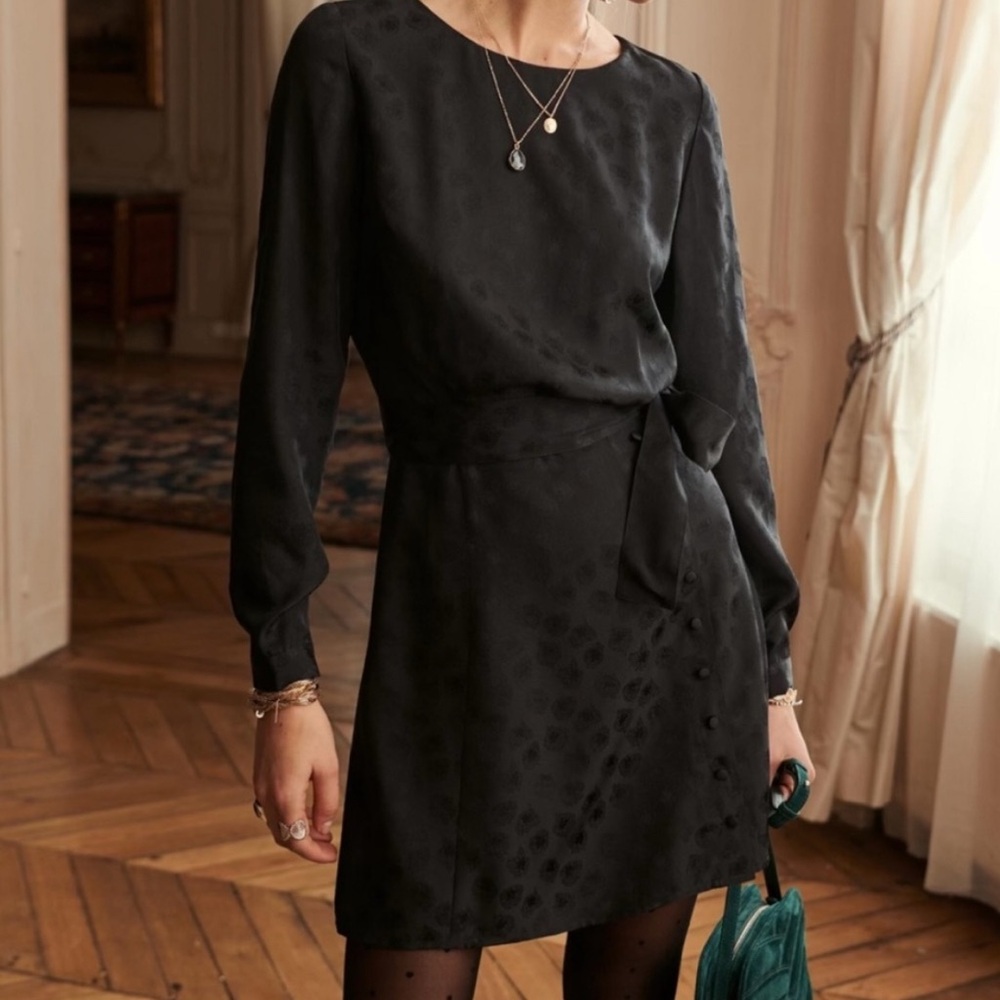 Sezane Nola Black Long Sleeve Silk Button Dress Dress US SIZE 6